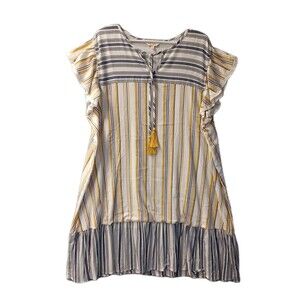 Linda Anderson Women's XXL Striped Ruffle Tassel V Neck Sundress Blue Yellow
